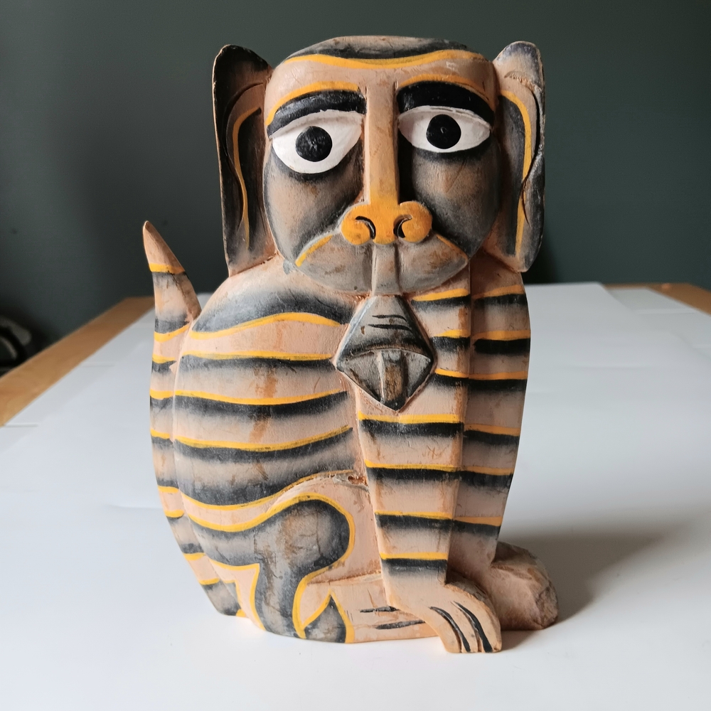 Carved Wooden Egyptian Dog Figurine Handcrafted Odd Decor Animal Sculpture
